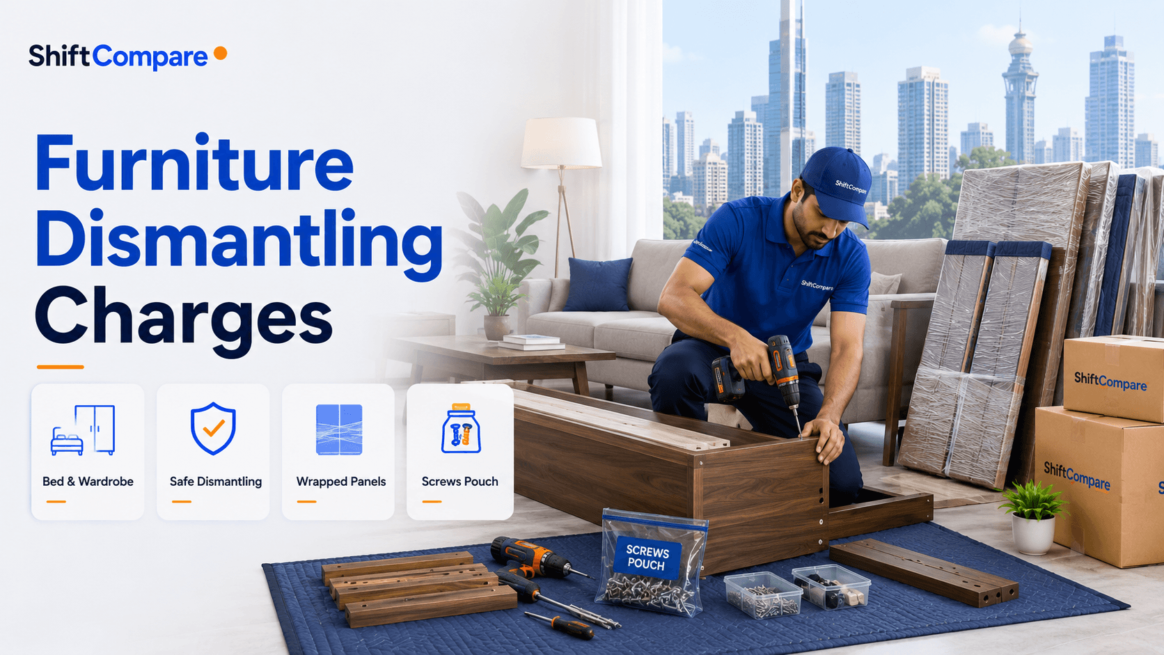Furniture dismantling charges during shifting by item type, carpenter work and reassembly